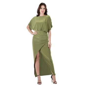24seven Comfort Apparel Womens Boat Neck Batwing Sleeve Slit Maxi Dress